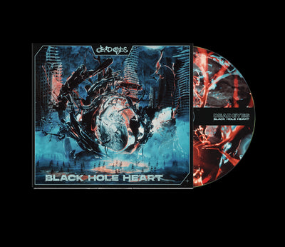 4 Panel Digipak CD album for Black Hole Heart by Dead Eyes. Features a robotic figure in a futuristic, dystopian city with blue and red tones; tracklist and album title are shown at the bottom.