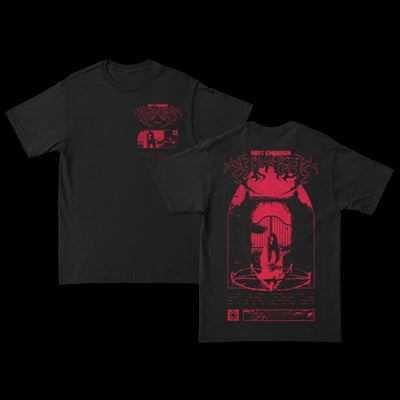 Black Not Enough Space Gildan t-shirt featuring red gothic graphics. Back displays a bold Weaponize Your Rage text with seated figure, arched window art. Small chest logo and front text detail.
