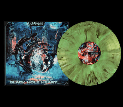 A limited edition Doublemint Green marble vinyl record by Dead Eyes sits next to its album cover, featuring abstract futuristic art with a shattered figure and the title BLACK HOLE HEART at the bottom, the bands name in stylized text above.