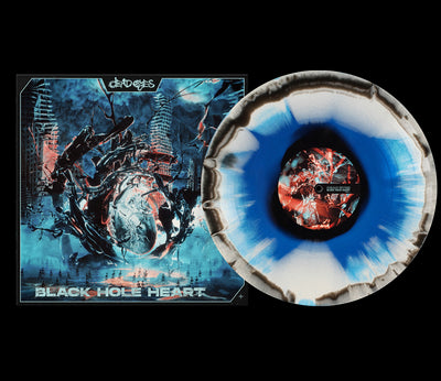 Album cover and matching royal blue vinyl record for Black Hole Heart by Defects. This Dead Eyes limited edition features a blue and black splatter pattern with abstract sci-fi art in a full color printed sleeve.