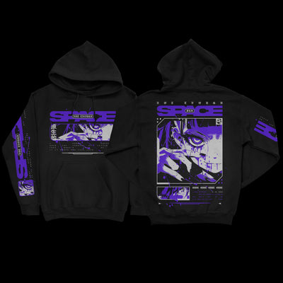 Two black Not Enough Space Gildan hoodies feature bold purple and white anime-style graphics, geometric shapes, and the phrase “Not Enough Space” printed on front, back, and sleeve. Both are laid flat on a black background.