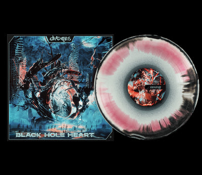 A limited edition splattered black, white, and pink vinyl from Dead Eyes sits beside its album cover, displaying a chaotic sci-fi scene with the title BLACK HOLE HEART and the artist name Cerrdeves.