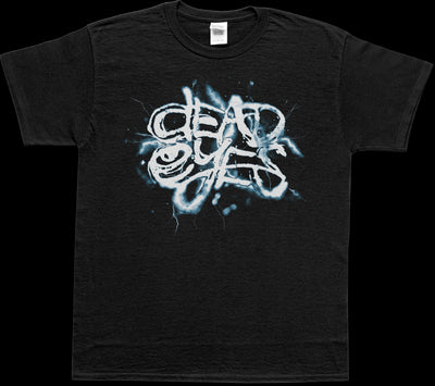black tshirt with large center print that says "dead eyes" in white and light blue spray paint effect print.