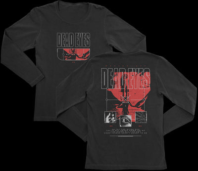 Two black Dead Eyes long-sleeve shirts with large DEAD EYES text, red abstract artwork on front and back, extra graphics, and small white Better Off text underneath.