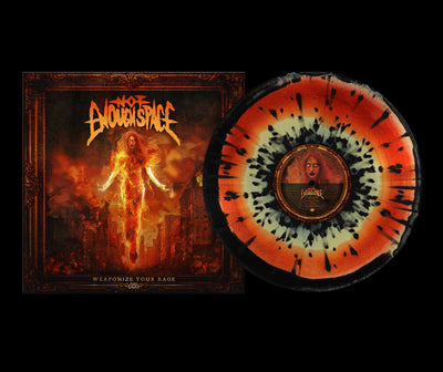 An album cover from Not Enough Space shows a flaming figure over a ruined city with Doomsday in bold orange. This limited edition features an orange, black, and cream Blood Red vinyl plus a matching center label.