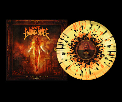 A Halloween Orange splatter vinyl from Not Enough Space sits by its album cover, showing a fiery woman above a burning city. The bands name, Nocturna, and the album title, Weaponize Your Rage, are featured.