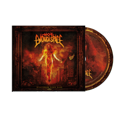 A 4-panel Digipak CD and disc for Weaponize Your Rage by Not Enough Space, featuring cover art of a fiery, glowing figure above a burning city with the bands logo; includes full tracklist inside.