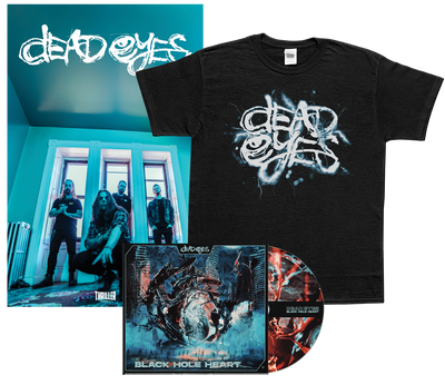 Pre-order the Dead Eyes bundle: a Gildan T-shirt with the white Dead Eyes logo, a poster of the three band members, and a Black Hole Heart vinyl in futuristic 4 Panel Digipak packaging.