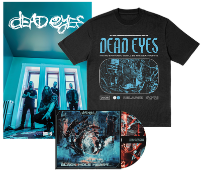 Pre-order the Dead Eyes bundle: includes a 12x18 band poster, black Gildan T-shirt with futuristic artwork, and both CD and vinyl of their Black Hole Heart album featuring bold sci-fi cover art.