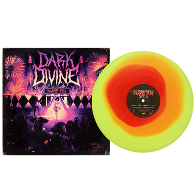 A translucent orange and transparent highlighter yellow limited edition Dark Divine vinyl is displayed beside its album cover, which features the words DARK DIVINE and an illustrated, eerie carnival scene in purple and pink.