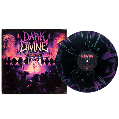 A limited edition Dark Divine vinyl with a pink and black splatter design sits next to its neon circus-themed album cover with fireworks, shadowy figures, and "Dark Divine" above, plus a full color printed inner sleeve.