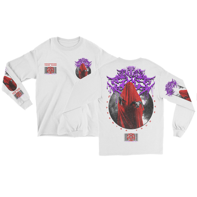 Not Enough Space white Gildan long-sleeve shirt with Weaponize Your Rage graphics on both sleeves, a red-robed figure and ornate purple design on the back, and a barcode with text on the front—Inspired by the Not Enough Space album.