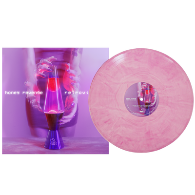A limited edition opaque baby pink marbled vinyl from Honey Revenge is shown next to its album cover, which features a glowing purple lava lamp, hands in a purple-pink haze, and text reading “honey revenge” and “Retrovision”.