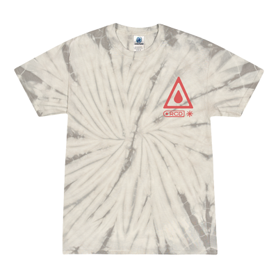 A light gray and white tie-dye t-shirt from Rain City Drive, featuring a red triangle with a droplet, asterisk, and RCDI text on the left chest—ideal for fans of their new album, Things Are Different Now.