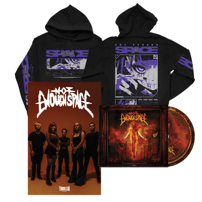 Pre-order the Not Enough Space merch bundle: includes a black hoodie with purple graphics, a poster featuring all five band members, and a CD Digipak with fiery red artwork and the band name.