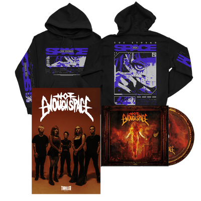 A Not Enough Space bundle with a black pullover hoodie (purple and white graphics), a band poster of all five members, and a 4-panel digipak CD featuring the “ENOU SPACE: WELCOME TO YOUR FACE” fiery album artwork.