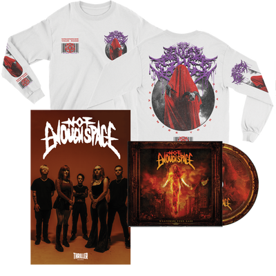Pre-order the Not Enough Space bundle: includes a white Gildan long sleeve with red and purple graphics, a rock band poster, and a CD in a 4-panel Digipak showcasing bold Not Enough Space branding.