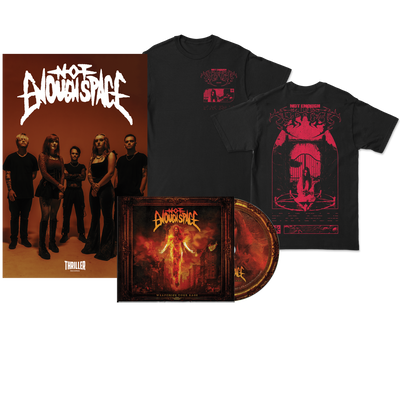 The Not Enough Space pre-order bundle includes a poster of all five members, a black band T-shirt with red front and back graphics, and a Digipak CD with cover art and the Not Enough Space logo.