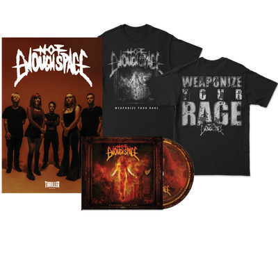 Pre-order bundle for Not Enough Space includes a poster of all five members, two Gildan band T-shirts, a 4-panel digipak CD case, and a CD labeled Thriller featuring dark, fiery cover art.