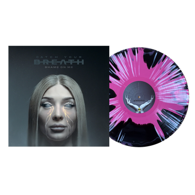 Limited edition Shame On Me album cover by Catch Your Breath, showing a woman’s face with glowing eyes and streaks, plus a colored vinyl with pink splatter and a deer antler design on the center label.