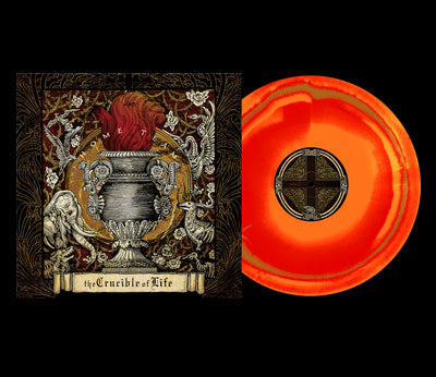 vinyl record sleeve with a red and orange vinyl sticking out of the sleeve. the vinyl sleeve is brown, gold, red, black, and white and reads in white and black lettering- the home team, the crucible of life. there are various animals and abstract imaging throughout the sleeve.