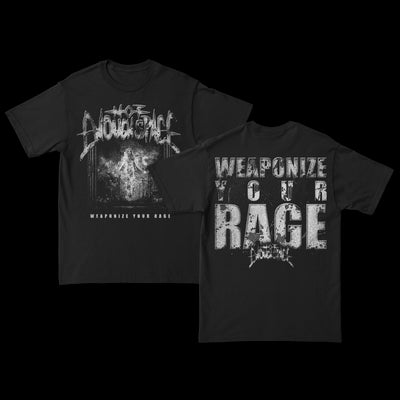 Black Not Enough Space Gildan T-shirt with The Advocate and Weaponize Your Rage text plus dark, grungy front graphics; large distressed Weaponize Your Rage lettering and The Advocate logo on the back.