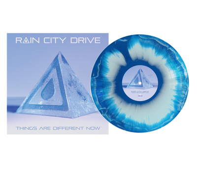 Rain City Drive's "Things Are Different Now" album features a cover with an icy pyramid and water droplet. The limited edition vinyl is blue and white tie-dye.