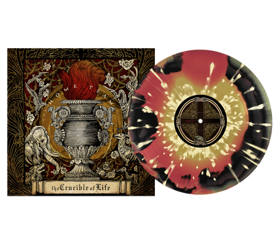 A limited edition The Home Team record in black, red, and yellow splatter rests by its ornate album cover with an illustrated urn among flowers, a flame, and gold accents. Includes a full-color printed inner sleeve.