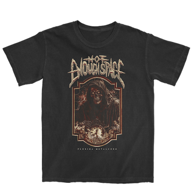 A black Not Enough Space t-shirt featuring a gothic, skeletal figure in a hooded robe, “NO ADVANTAGE” in bold distressed letters above, and “FLORIDA METALCORE” printed below the graphic.