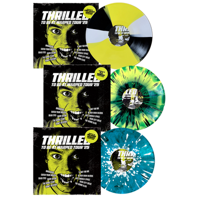 Three limited edition vinyl records—yellow/black, green/black, and blue/white—are displayed with album covers featuring a screaming face and the title "Thrilled: To Beat Warped Tour 25" by Thriller Records.