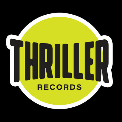 Image of the thriller records logo against a transparent background. The logo is a yellow filled circle outlined in white. in black text across it reads "thriller records". Thriller is in larger text, and records is in smaller text.